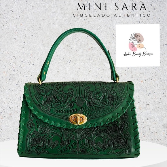 Green Handbag Mini Sara Hand-Tooled Artesian 100% Genuine Leather (H) - Picture 1 of 13